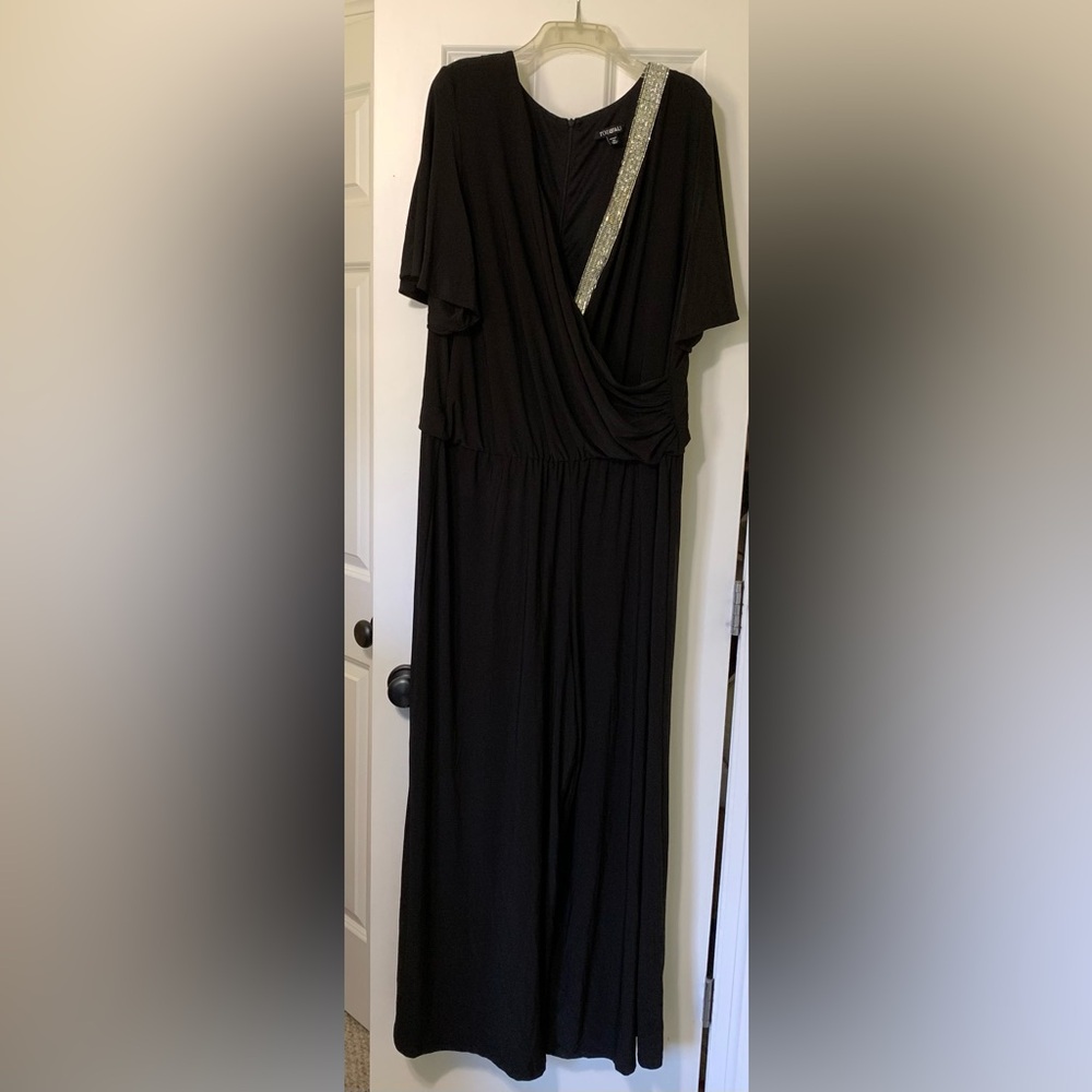 Black Jumpsuit Rhinestone Roz&Ali Drape Deep V - Picture 3 of 8